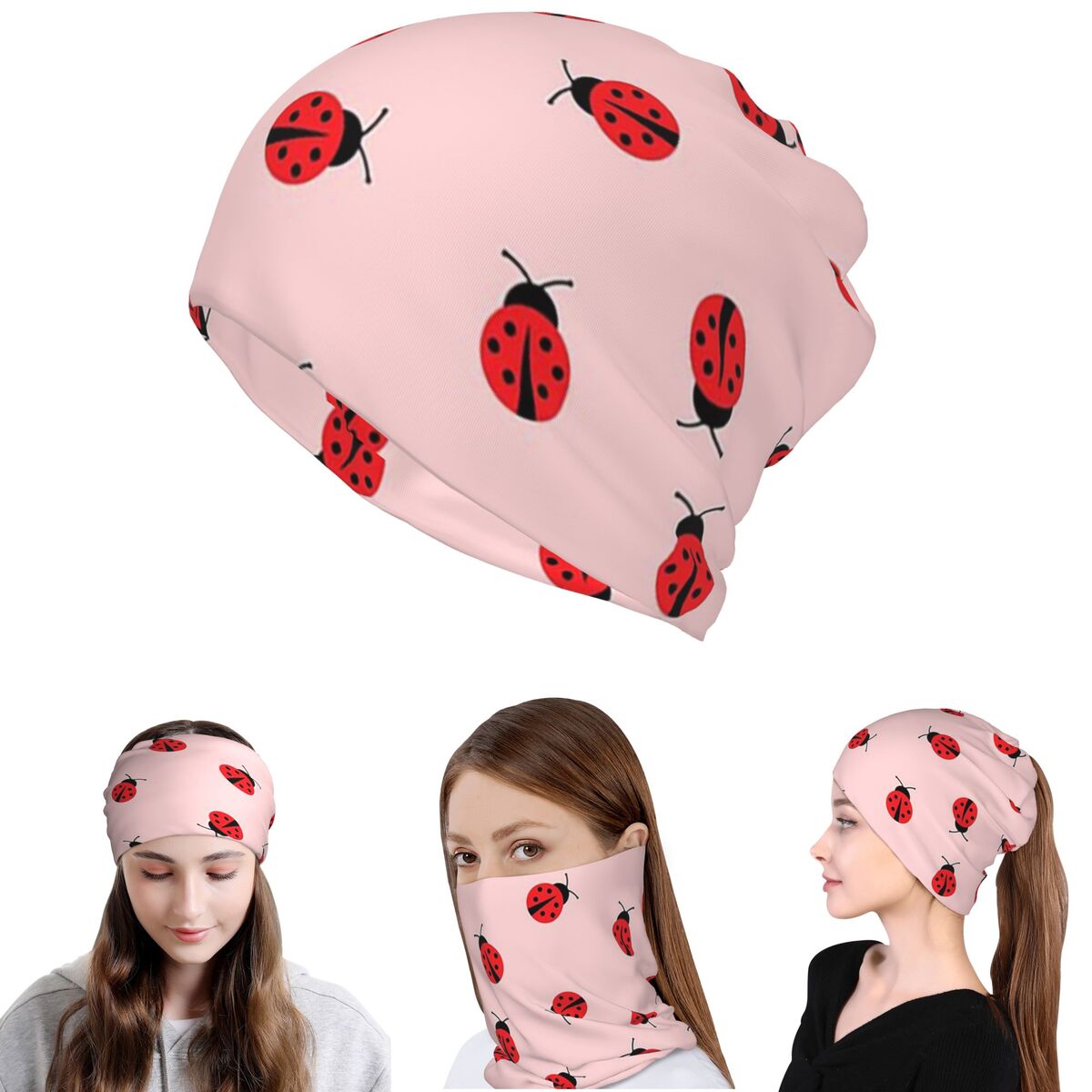Beanie Winter Hat - Kumbang Lucu Pada Latar Belakang Merah
