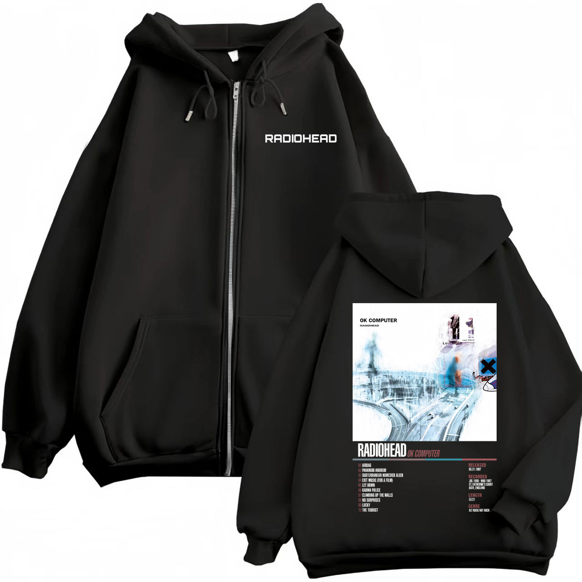Mens Fashion Zip Up Hoodies - Poster Album Musik Radiohead Hoodie Ritsleting